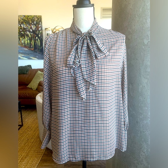 Who What Wear Tops - Tie Neck Blouse in Black and Brown Print